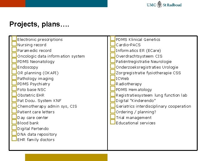 Projects, plans…. o. Electronic prescriptions o. Nursing record o. Paramedic record o. Oncologic data