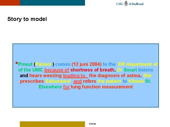 Story to model • Pineut (Patient ) comes (12 juni 2004) to the ER