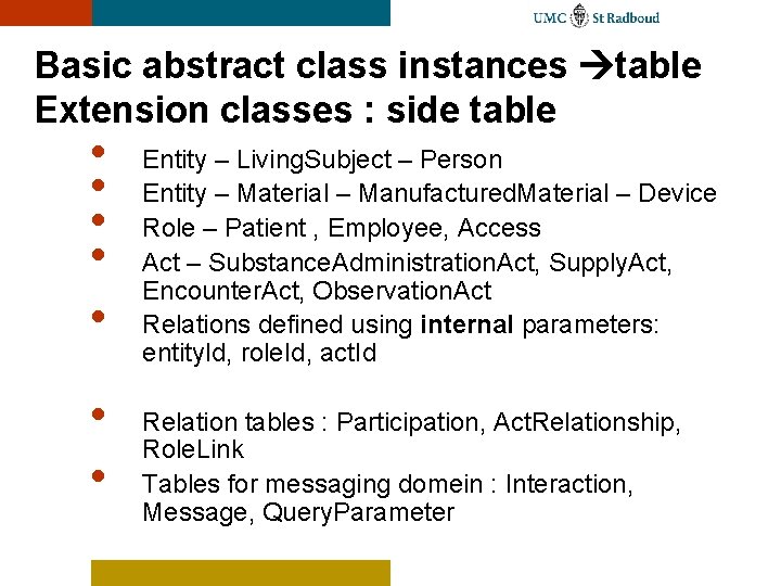 Basic abstract class instances table Extension classes : side table • • Entity –