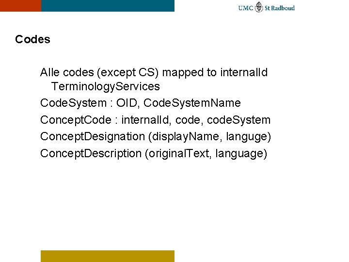 Codes Alle codes (except CS) mapped to internal. Id Terminology. Services Code. System :
