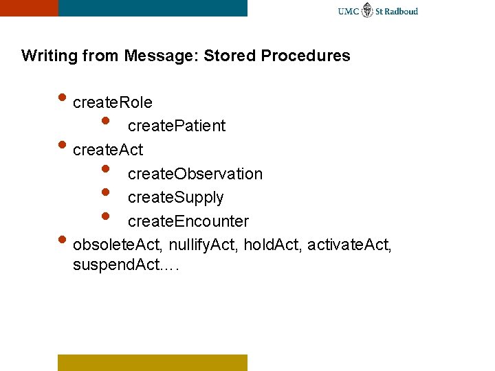 Writing from Message: Stored Procedures • create. Role • create. Patient • create. Act