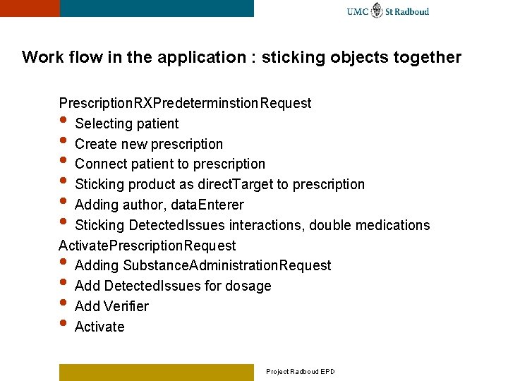 Work flow in the application : sticking objects together Prescription. RXPredeterminstion. Request Selecting patient