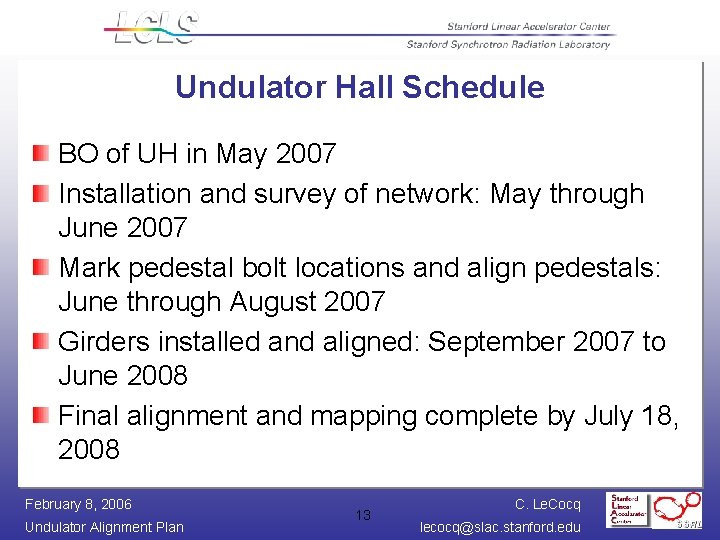 Undulator Hall Schedule BO of UH in May 2007 Installation and survey of network: