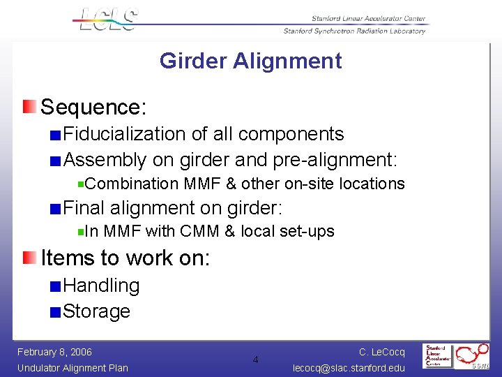 Girder Alignment Sequence: Fiducialization of all components Assembly on girder and pre-alignment: Combination MMF