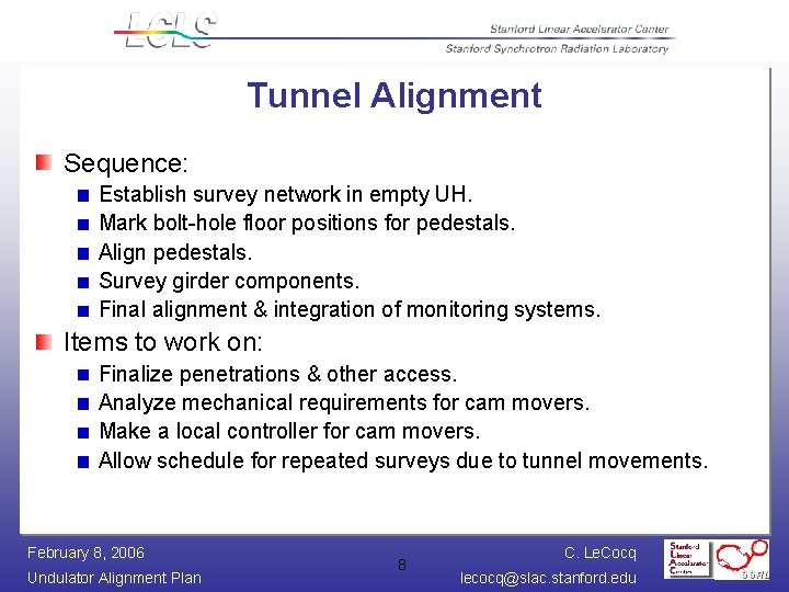 Tunnel Alignment Sequence: Establish survey network in empty UH. Mark bolt-hole floor positions for