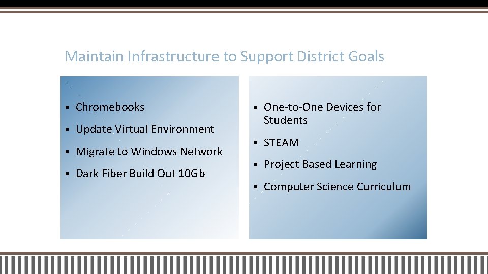 Maintain Infrastructure to Support District Goals § Chromebooks § Update Virtual Environment § §