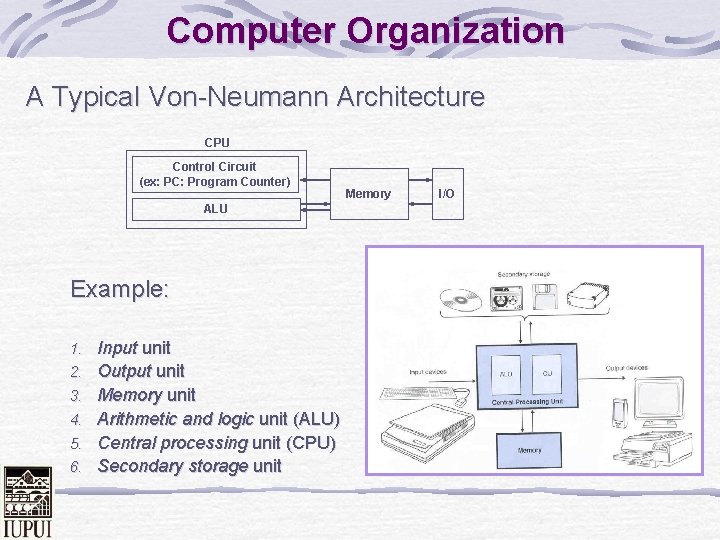 Computer Organization A Typical Von-Neumann Architecture CPU Control Circuit (ex: PC: Program Counter) ALU