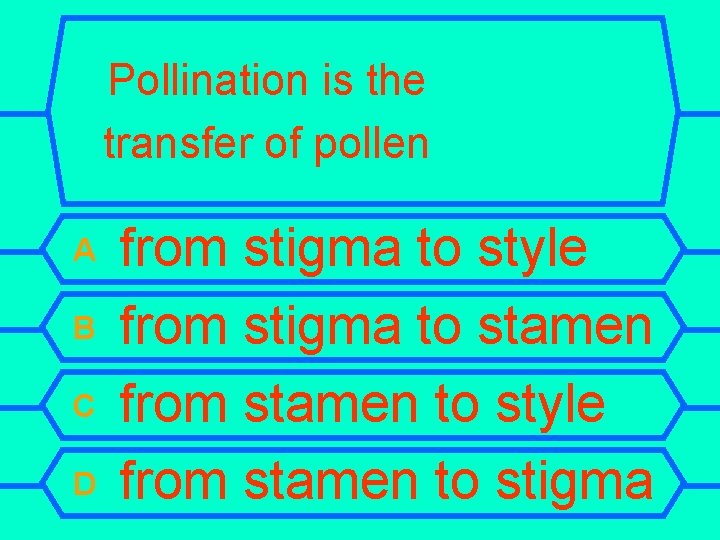 Pollination is the transfer of pollen A B C D from stigma to style