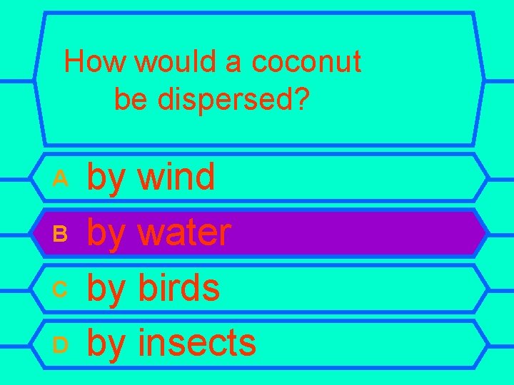 How would a coconut be dispersed? A B C D by wind by water