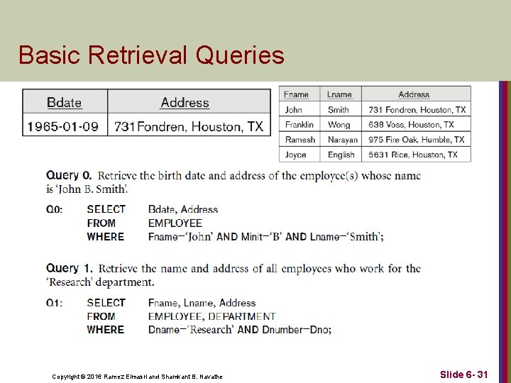 Basic Retrieval Queries Copyright © 2016 Ramez Elmasri and Shamkant B. Navathe Slide 6 Basic Retrieval Queries Copyright © 2016 Ramez Elmasri and Shamkant B. Navathe Slide 6