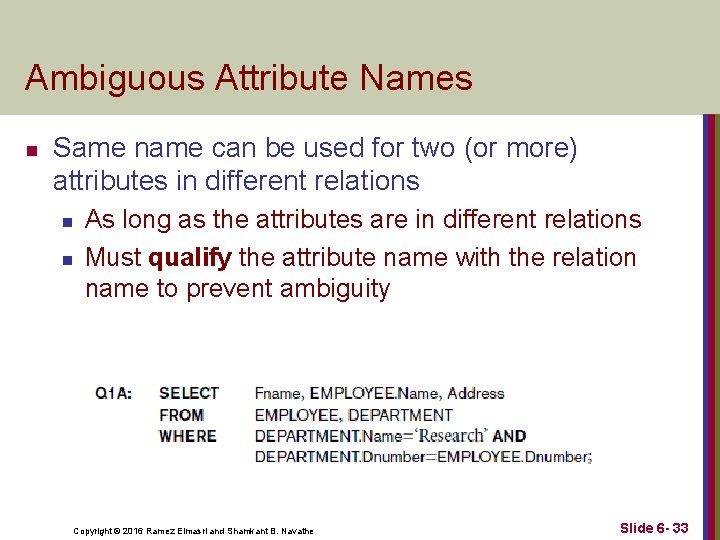 Ambiguous Attribute Names n Same name can be used for two (or more) attributes Ambiguous Attribute Names n Same name can be used for two (or more) attributes