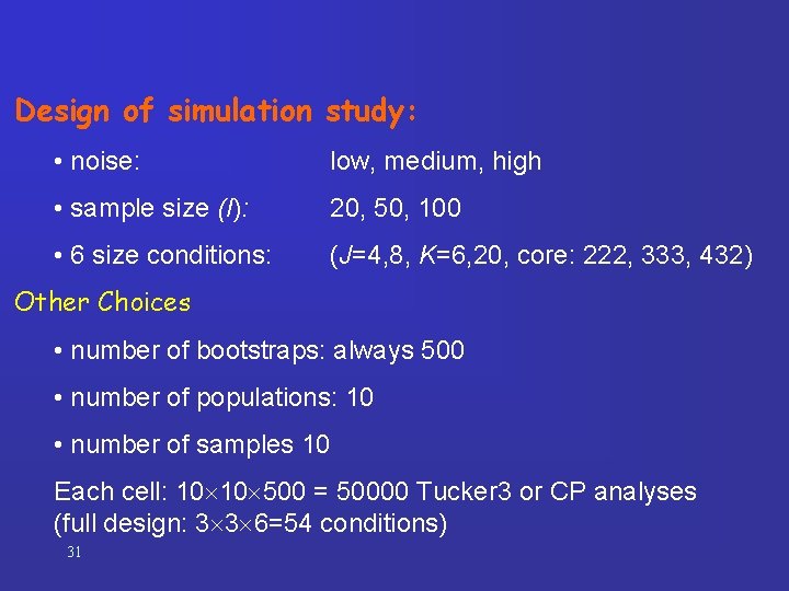 Design of simulation study: • noise: low, medium, high • sample size (I): 20,