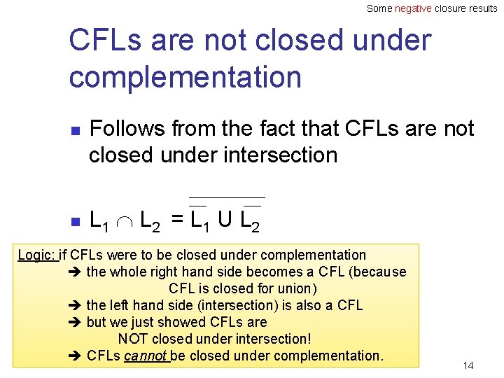 Some negative closure results CFLs are not closed under complementation n n Follows from