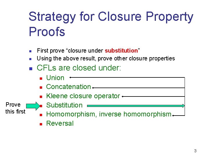 Strategy for Closure Property Proofs n First prove “closure under substitution” Using the above