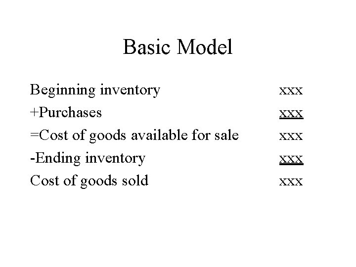 Basic Model Beginning inventory +Purchases =Cost of goods available for sale -Ending inventory Cost