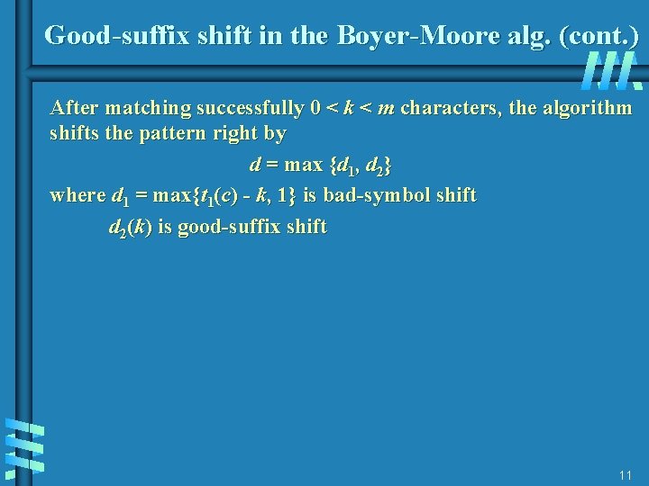 Good-suffix shift in the Boyer-Moore alg. (cont. ) After matching successfully 0 < k