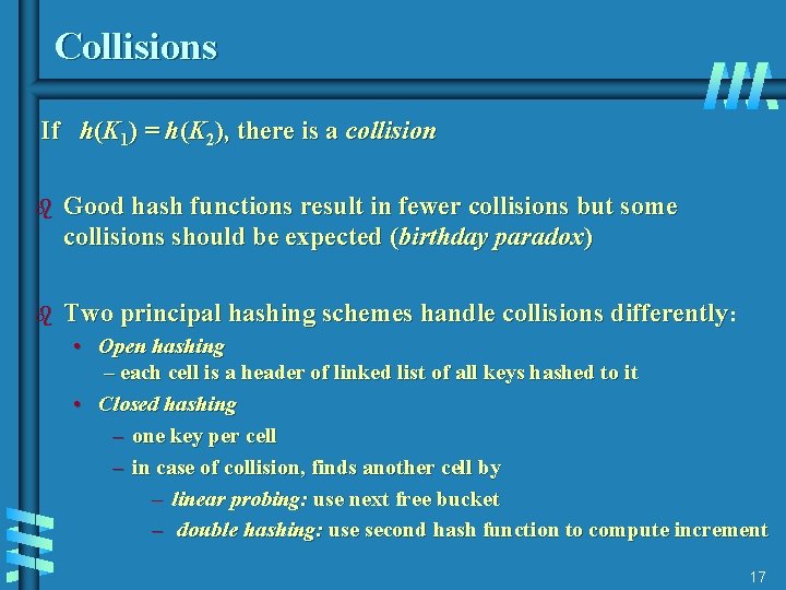 Collisions If h(K 1) = h(K 2), there is a collision b Good hash