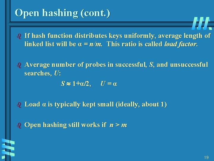 Open hashing (cont. ) b If hash function distributes keys uniformly, average length of