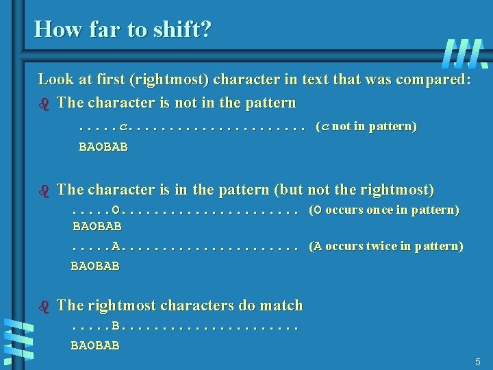 How far to shift? Look at first (rightmost) character in text that was compared: