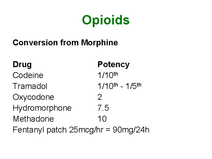 Opioids Conversion from Morphine Drug Potency Codeine 1/10 th Tramadol 1/10 th - 1/5 Opioids Conversion from Morphine Drug Potency Codeine 1/10 th Tramadol 1/10 th - 1/5