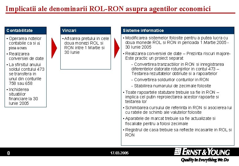 Implicatii ale denominarii ROL-RON asupra agentilor economici Contabilitate Vinzari Sisteme informatice • Operarea notelor