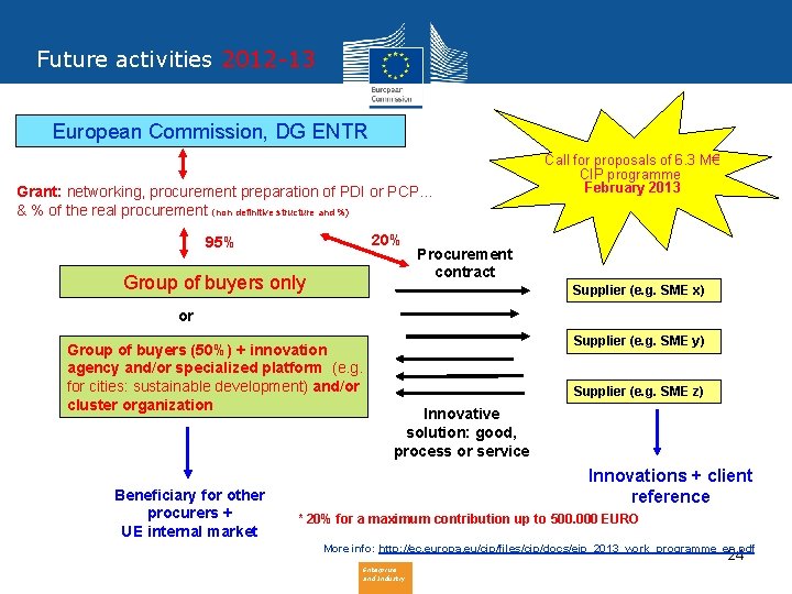 Future activities 2012 -13 European Commission, DG ENTR Grant: networking, procurement preparation of PDI