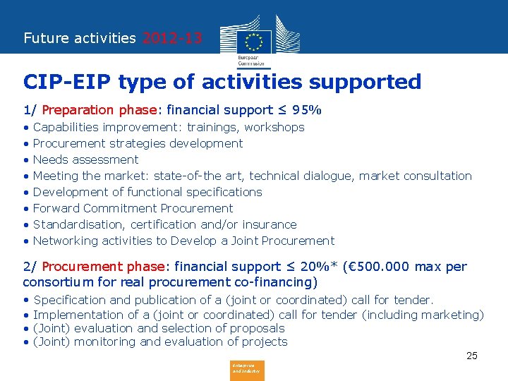 Future activities 2012 -13 CIP-EIP type of activities supported 1/ Preparation phase: financial support