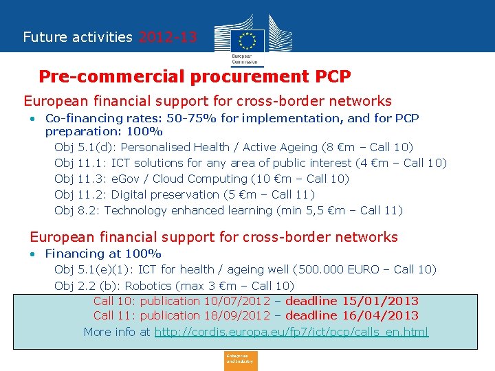 Future activities 2012 -13 Pre-commercial procurement PCP • European financial support for cross-border networks