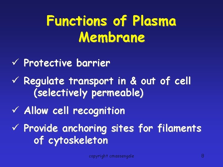 Functions of Plasma Membrane ü Protective barrier ü Regulate transport in & out of