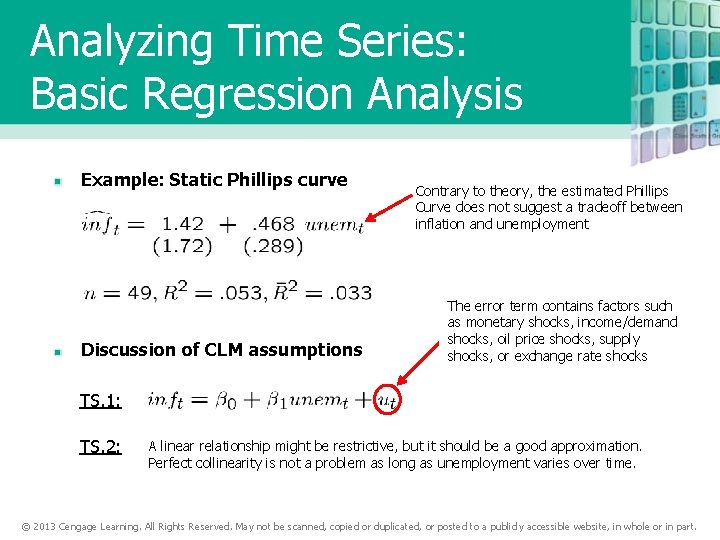 Analyzing Time Series: Basic Regression Analysis Example: Static Phillips curve Discussion of CLM assumptions