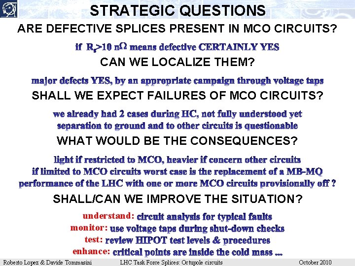 STRATEGIC QUESTIONS ARE DEFECTIVE SPLICES PRESENT IN MCO CIRCUITS? CAN WE LOCALIZE THEM? SHALL