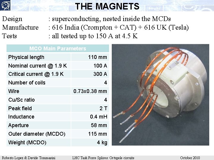 THE MAGNETS Design Manufacture Tests : superconducting, nested inside the MCDs : 616 India