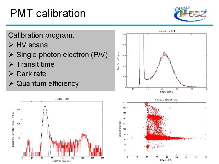 PMT calibration Calibration program: Ø HV scans Ø Single photon electron (P/V) Ø Transit
