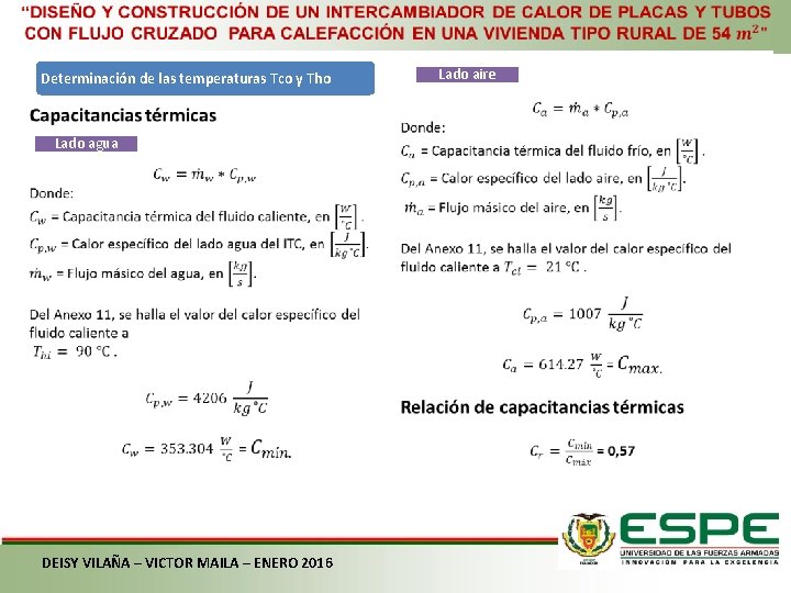  Determinación de las temperaturas Tco y Tho Lado agua DEISY VILAÑA – VICTOR