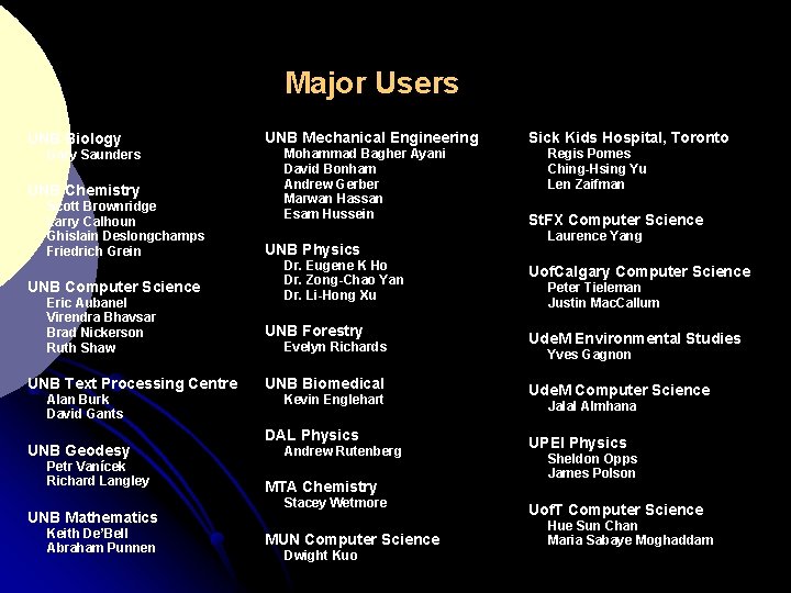 Major Users UNB Biology Gary Saunders UNB Chemistry Scott Brownridge Larry Calhoun Ghislain Deslongchamps