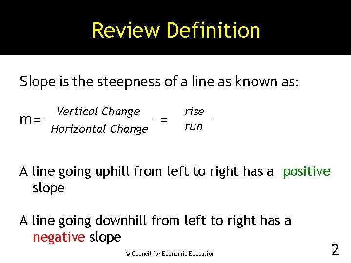 Review Definition Slope is the steepness of a line as known as: m= Vertical