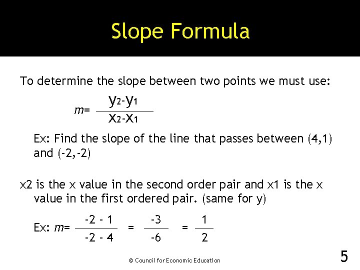 Slope Formula To determine the slope between two points we must use: m= y