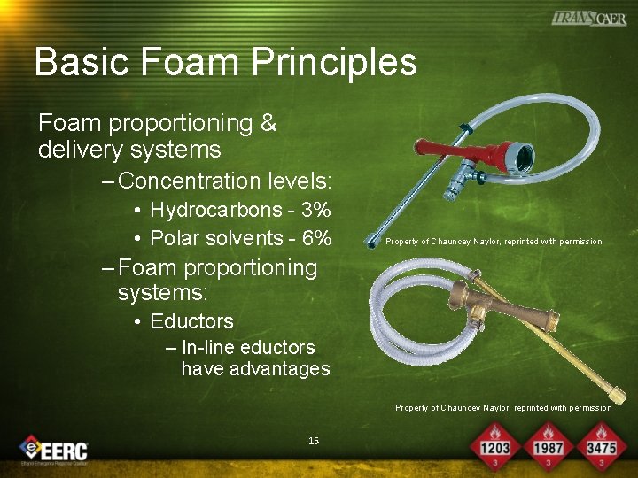 Basic Foam Principles Foam proportioning & delivery systems – Concentration levels: • Hydrocarbons -