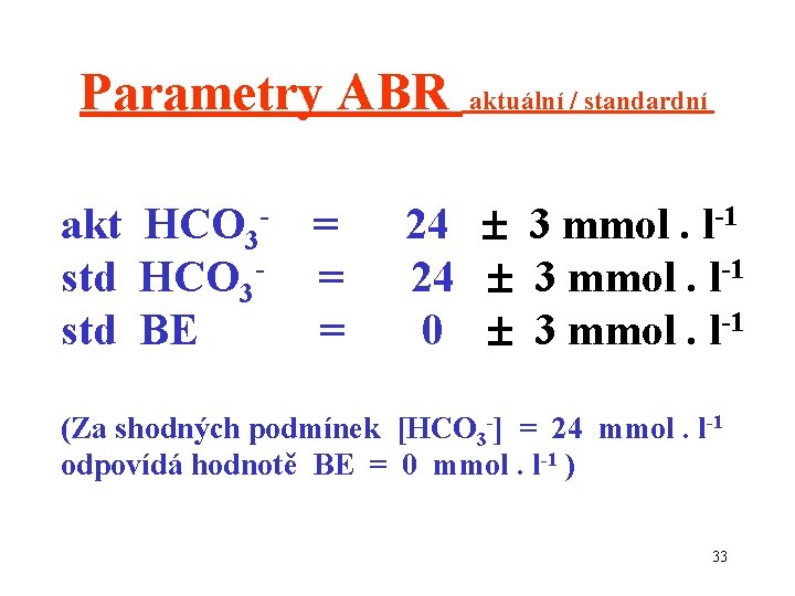 Parametry ABR akt HCO 3 std BE = = = aktuální / standardní 24