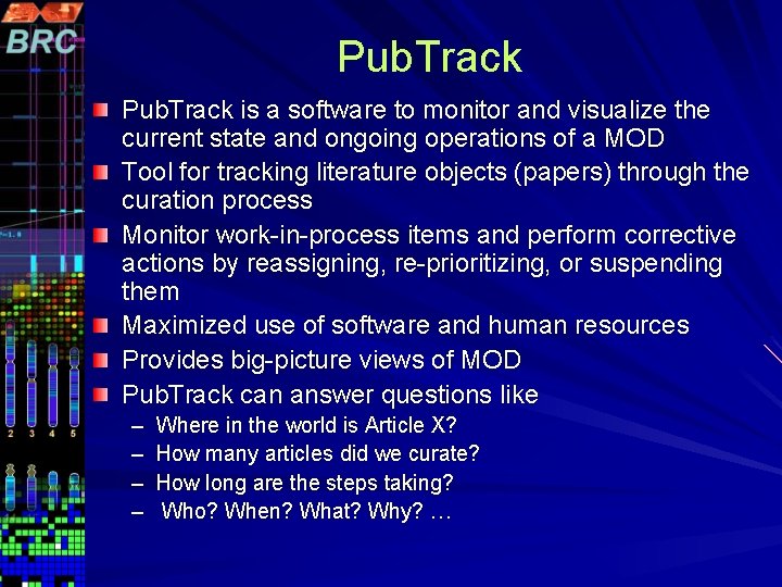 Pub. Track is a software to monitor and visualize the current state and ongoing