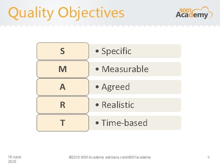 Quality Objectives 18 rujna 2020 S • Specific M • Measurable A • Agreed