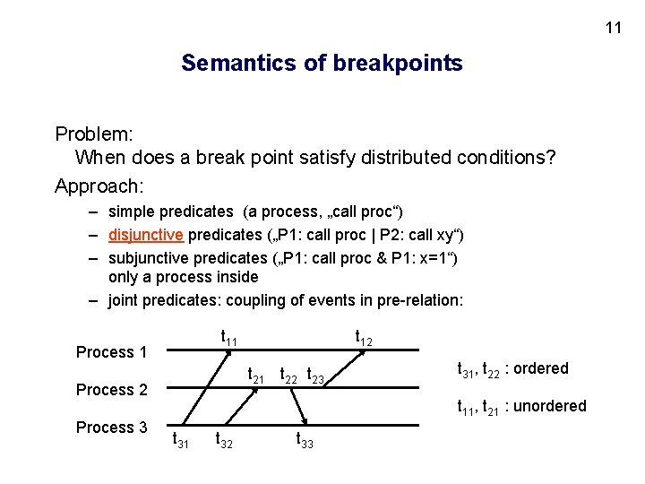 11 Semantics of breakpoints Problem: When does a break point satisfy distributed conditions? Approach: