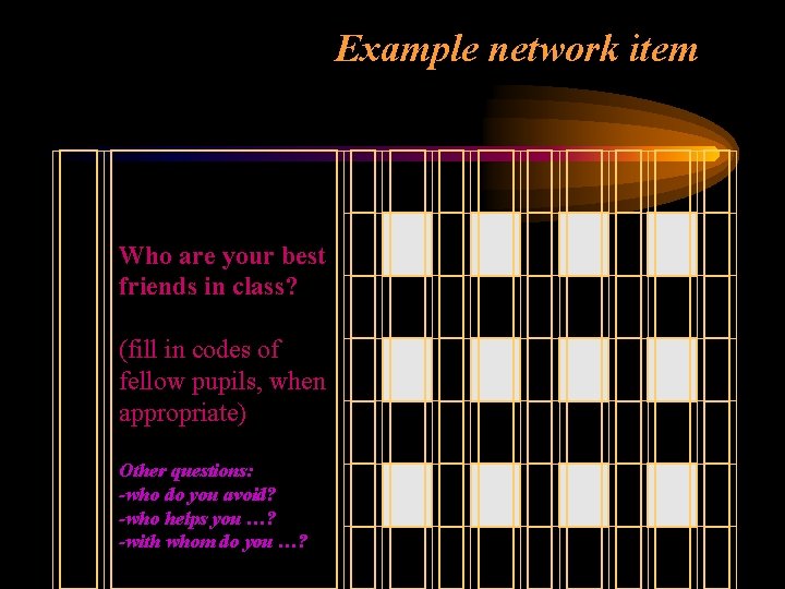 Example network item Who are your best friends in class? (fill in codes of
