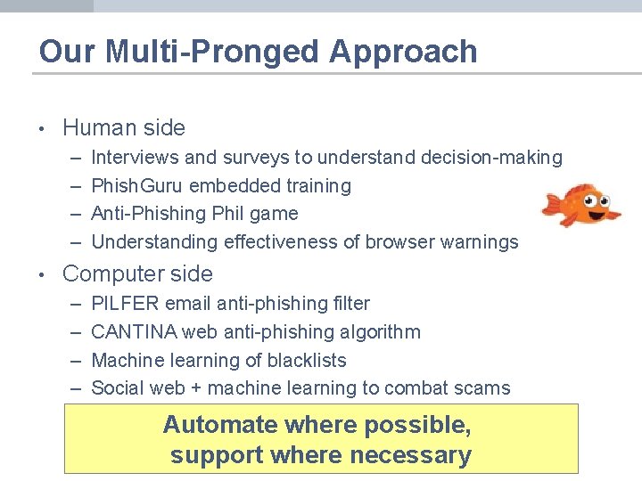 Our Multi-Pronged Approach • Human side – – • Interviews and surveys to understand