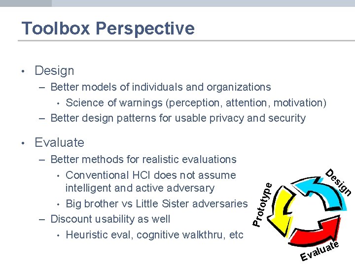 Toolbox Perspective • Design – Better models of individuals and organizations • Science of
