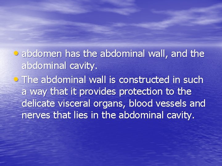  • abdomen has the abdominal wall, and the abdominal cavity. • The abdominal