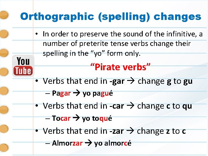 Orthographic (spelling) changes • In order to preserve the sound of the infinitive, a