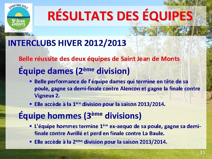 RÉSULTATS DES ÉQUIPES INTERCLUBS HIVER 2012/2013 Belle réussite des deux équipes de Saint Jean