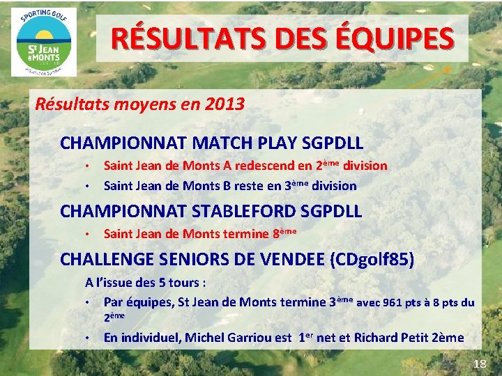 RÉSULTATS DES ÉQUIPES Résultats moyens en 2013 CHAMPIONNAT MATCH PLAY SGPDLL • • Saint