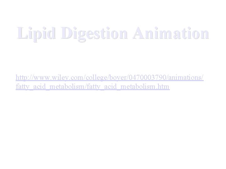 Lipid Digestion Animation http: //www. wiley. com/college/boyer/0470003790/animations/ fatty_acid_metabolism/fatty_acid_metabolism. htm 